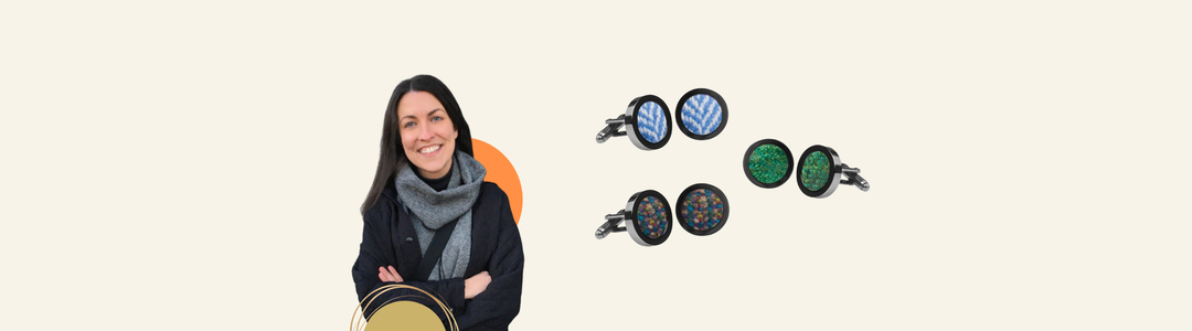 A woman wearing a scarf and black coat smiles with arms crossed in front of a display for Orwell & Browne, an award-winning Irish heritage brand creating products from locally sourced Donegal Tweed. Text about the brand is to the right.