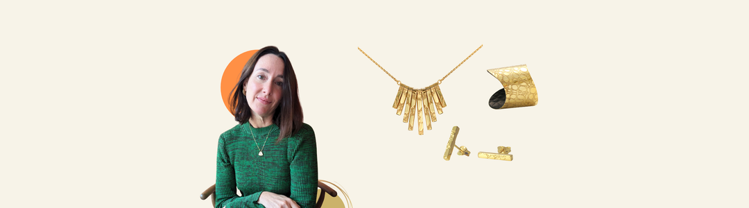 A woman in a green top sits smiling beside gold jewelry pieces, including a necklace, bracelet, and earrings, displayed on a light beige background.
