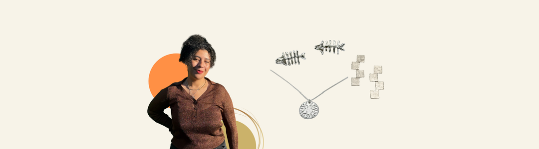 A woman stands smiling with her hand on her hip next to illustrations of jewelry, including fish skeleton earrings, a round pendant necklace, and dangling square earrings on a light background with abstract shapes.