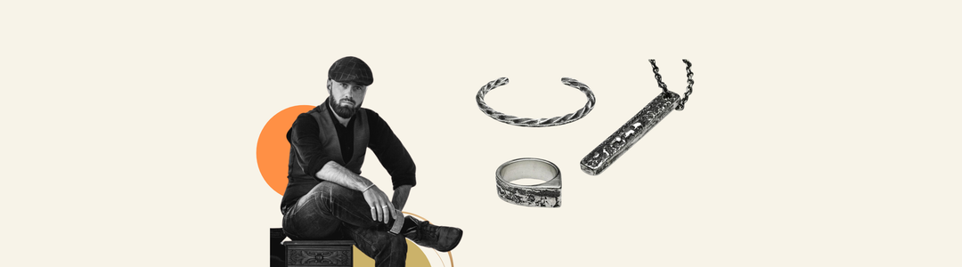 A man wearing a cap and dark clothing sits on a wooden chest, looking at the camera. The text next to him reads "Septentrion" and describes the artisan techniques used by Atelier Septentrion to create alternative and daring jewelry.