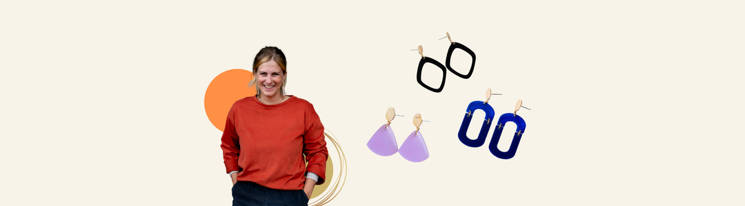 A person wearing a red long-sleeve shirt and dark pants smiles with hands in pockets. Text right of the person reads: "Studio Nok Nok," followed by a description of their handcrafted creations made in Belgium with love and attention to detail.