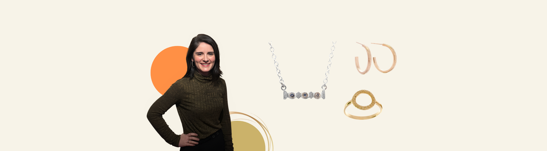 A woman in a dark turtleneck stands smiling beside images of jewelry, including a silver necklace, gold hoop earrings, and a gold ring, on a light background with orange and tan circles.