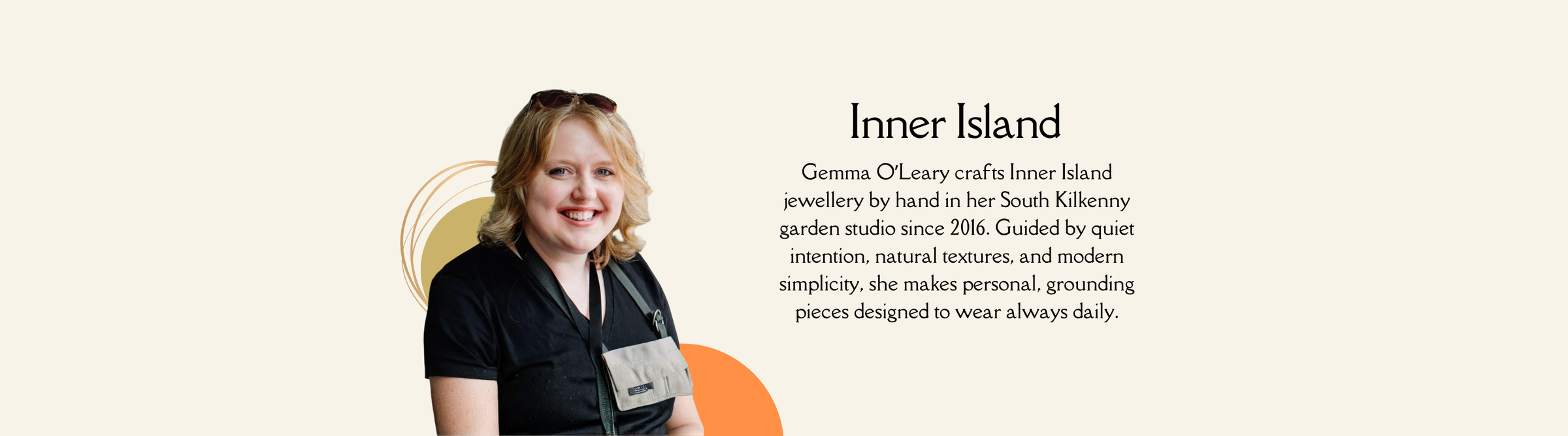 Smiling woman with shoulder-length blonde hair, wearing a black shirt and apron, sits beside text describing Inner Island, a handmade jewelry studio founded by Gemma O’Leary in South Kilkenny.