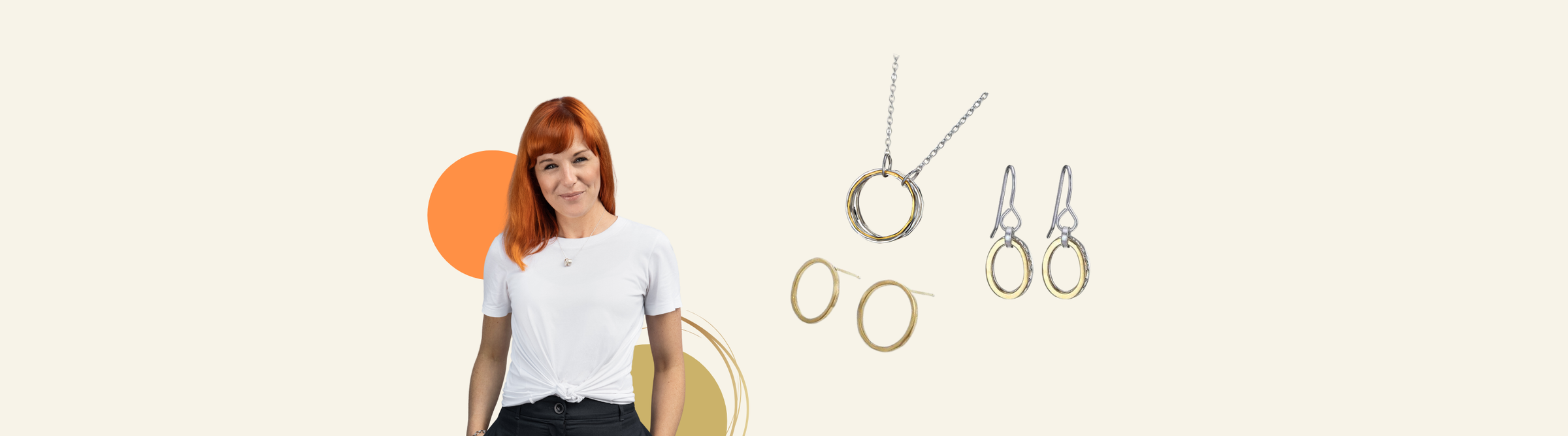 A woman with red hair wearing a white t-shirt and black pants stands against a light background with text describing "Lynsey de Burca," a jewelry brand known for its minimal design and handcrafted pieces from the west of Ireland.