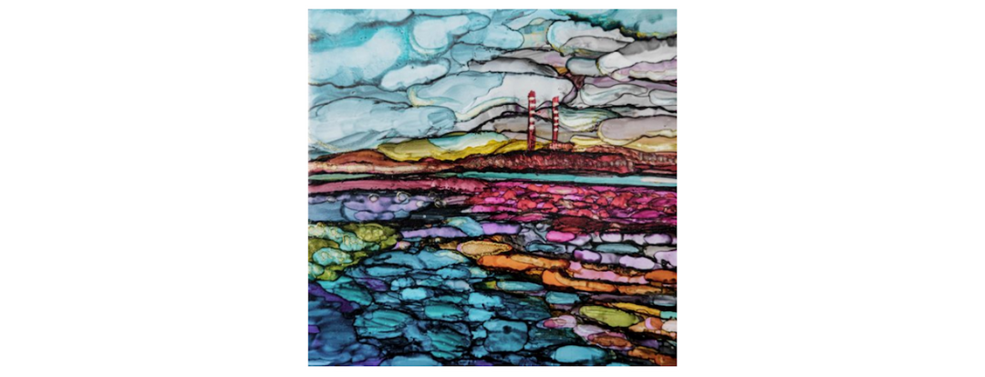 Abstract watercolor painting featuring a coastal landscape with vibrant colors. The scene includes a cloudy sky, two chimneys in the distance, and colorful rocky terrain in the foreground.