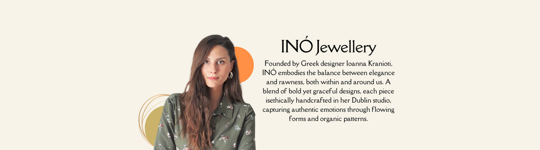 A woman with long brown hair in a floral shirt stands beside text introducing INÓ Jewellery, describing its elegant handcrafted designs inspired by natural forms and authentic emotions.