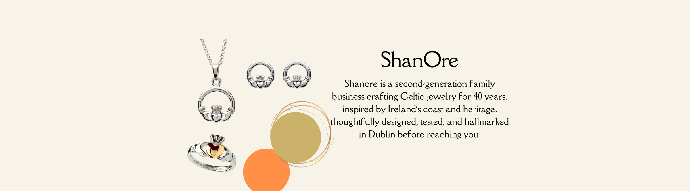 A display of Celtic jewelry including a necklace, earrings, and rings, with text introducing ShanOre, a family business crafting jewelry inspired by Irish heritage, based in Dublin.
