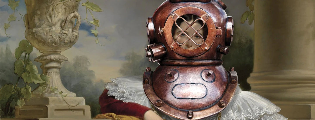 A classic portrait features a person wearing a vintage deep-sea diving helmet, their face visible through the helmet's window. The ornate background includes a sculpted vase and greenery.