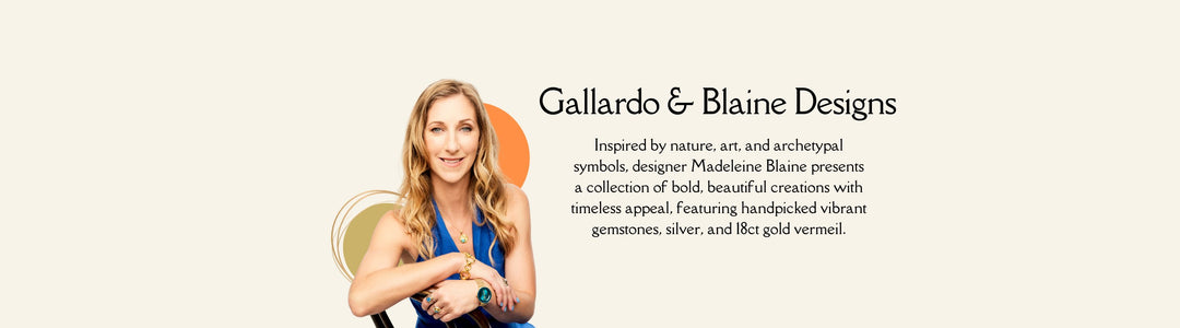 A smiling woman with wavy blonde hair sits holding jewelry, with a circular decorative design behind her. Next to her is text about Gallardo & Blaine Designs, highlighting their collection with gemstones, silver, and 18ct gold vermeil.