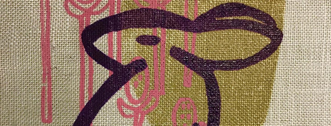Abstract artwork featuring bold purple lines forming irregular shapes over a beige background with pink and green accents. The design includes circular and vertical elements, creating an organic and dynamic visual pattern.