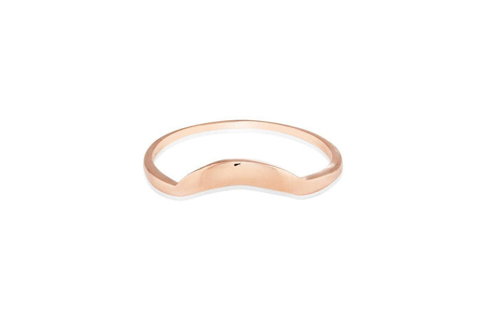 A simple 9ct gold ring with a subtle curved design at the front, displayed on a white background. This sleek and elegant Sunrise Ring 9ct Gold by Cosmic Boulevard has a smooth, polished finish, making it perfect for wearing alone or as part of your favorite stacking rings.