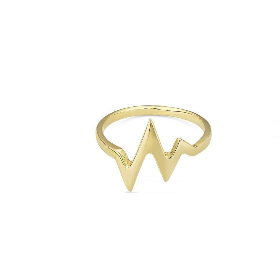 A Cosmic Boulevard 9ct Gold Heartbeat Ring with a zigzag design resembling an electrocardiogram (ECG) heartbeat pattern. The ring has a smooth and polished finish, with the angular zigzag shape forming the top part of the band. The background is plain white.