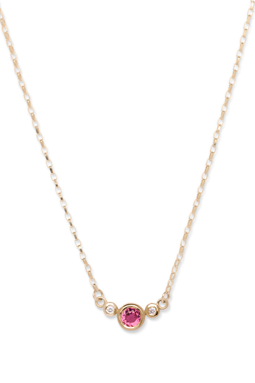 Madeleine Fine Jewellery’s Rose Embrace 9ct Yellow Gold Necklace features a central round rose pink tourmaline gemstone, elegantly accented by two lab grown diamonds on each side.