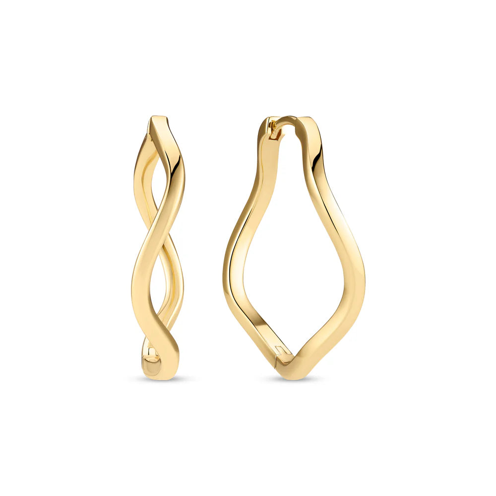 The Ellera Waves Pianura Hoop Earrings by Sif Jacobs feature modern, wavy designs: one with a double twist, the other with a single fluid wave. Both gold-plated and polished for an elegant shine.