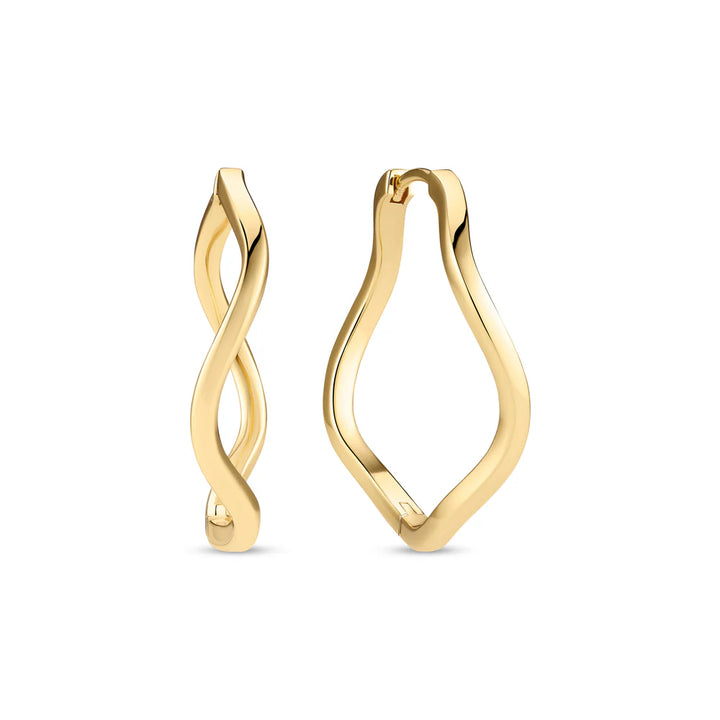 The Ellera Waves Pianura Hoop Earrings by Sif Jacobs feature modern, wavy designs: one with a double twist, the other with a single fluid wave. Both gold-plated and polished for an elegant shine.