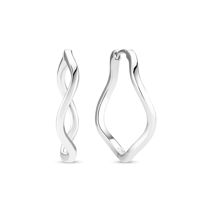 The Sif Jacobs Ellera Waves Pianura Hoop Earrings feature a modern wavy twist in polished sterling silver, showcasing a unique, fluid shape and reflective finish against a plain white background.