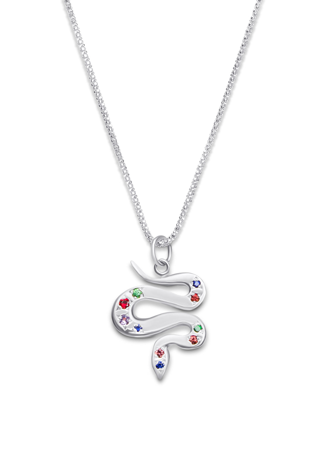 The Cosmic Boulevard Sterling Silver & Tsavorites or Sapphires Serpent Pendant features a snake-shaped pendant adorned with colorful tsavorites or blue sapphires, displayed on a fine silver chain against a white background.