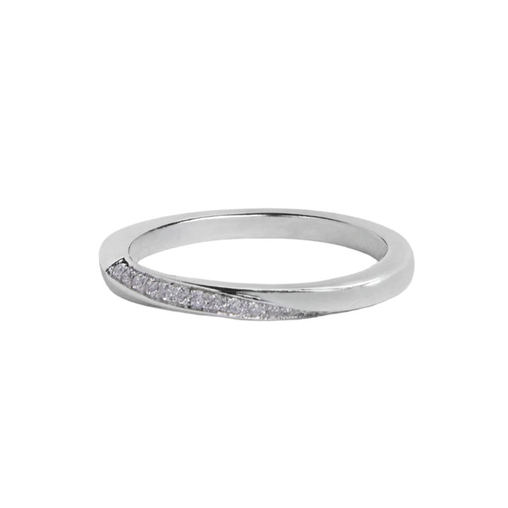 A 2mm wide square band with a half twist featuring seventeen 1mm diamonds in a flush setting.
