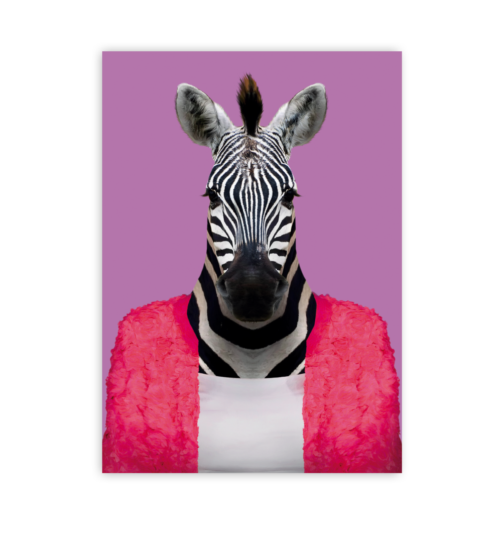 A Card Boutique Zebra, reminiscent of Yago Partal's imaginative work, poses against a solid pink background, wearing a bright pink fuzzy jacket over a plain white top. The vibrant colors contrast with the zebra's black and white stripes, creating a whimsical and stylish appearance.