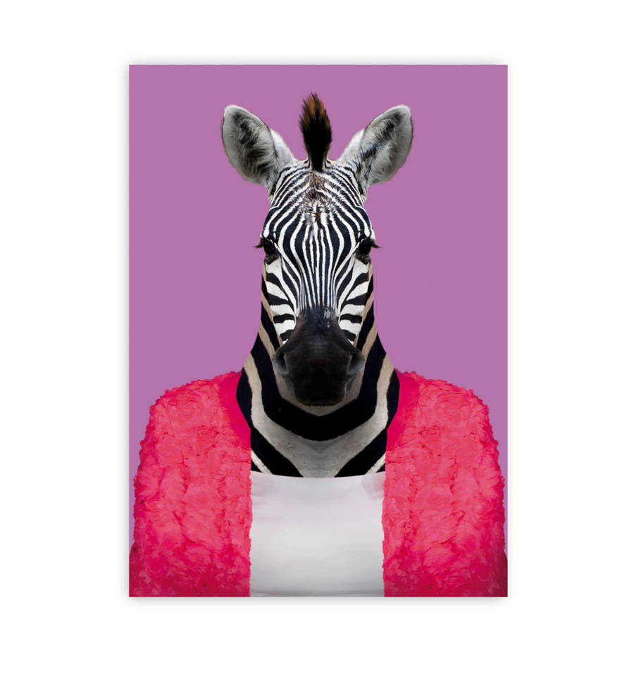 A Card Boutique Zebra, reminiscent of Yago Partal's imaginative work, poses against a solid pink background, wearing a bright pink fuzzy jacket over a plain white top. The vibrant colors contrast with the zebra's black and white stripes, creating a whimsical and stylish appearance.