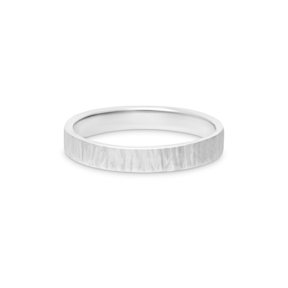The Collective Dublin’s 3mm Bark Texture Matte Finish Ring is a flat, silver handmade ring with a subtle bark pattern and brushed matte surface, pictured on a plain white background.