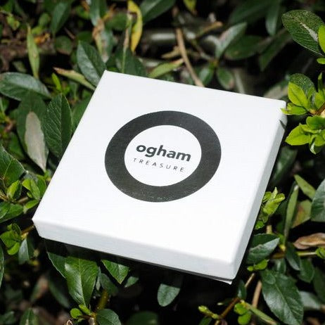 A white square box with the text "Ogham Treasure" inside a black circular logo sits among green leaves and branches outdoors, revealing a gift boxed set of elegant sterling silver Happiness (Sonas) Carved Earrings by Ogham Treasure.