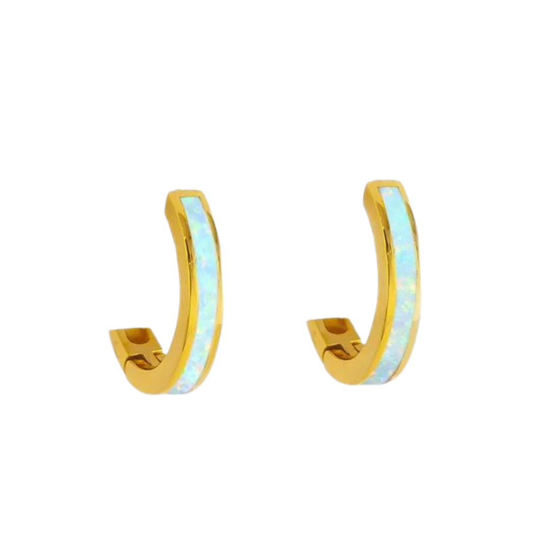 Opal Inlay Huggie Hoop Earrings Gold