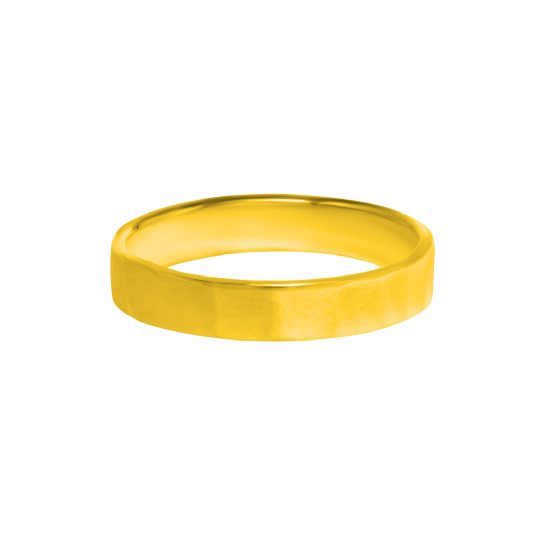 The Collective Dublin 4mm Flat Hammer Texture Ring features a handmade yellow gold band with a hammered finish, shown on a white background.