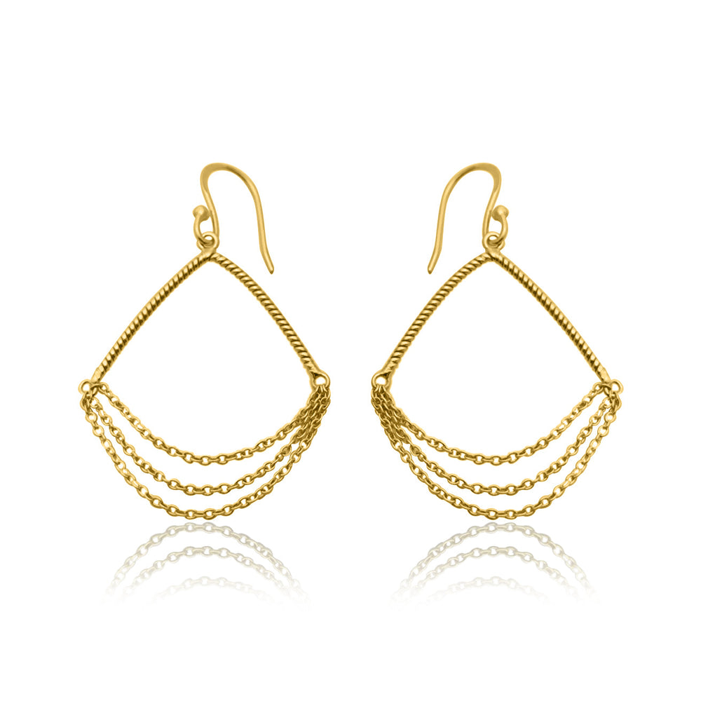 A pair of intricate 3 Chain Dangle Earrings by Watermelon Tropical. Each earring features a triangular frame with twisted detailing and three delicate gold chains draping across the interior. Handmade jewellery at its finest, the earrings have fishhook backs for easy insertion.