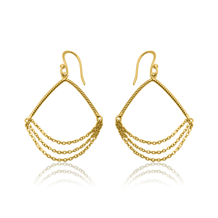 A pair of intricate 3 Chain Dangle Earrings by Watermelon Tropical. Each earring features a triangular frame with twisted detailing and three delicate gold chains draping across the interior. Handmade jewellery at its finest, the earrings have fishhook backs for easy insertion.