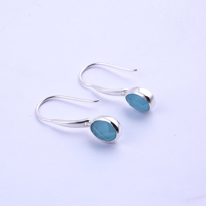 Introducing the Aqua Chalcedony Earrings by Watermelon Tropical, available in sterling silver. These hook earrings feature oval-shaped, light blue Aqua Chalcedony gemstones elegantly set in the center. Photographed against a plain white background, their shiny finish and simple yet sophisticated design are beautifully highlighted.