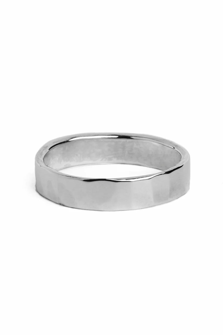 Flat sterling silver 5mm wide ring with a flat hammered texture on the outside of the band.