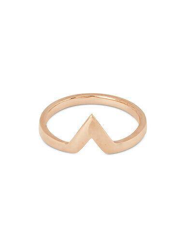 A rose gold triangle ring with a minimalist design featuring an open, inverted V shape at the front. The sleek and polished band gives it a modern and elegant look, perfect as an Illuminati Stacking Ring 9ct Gold by Cosmic Boulevard. The background is white.