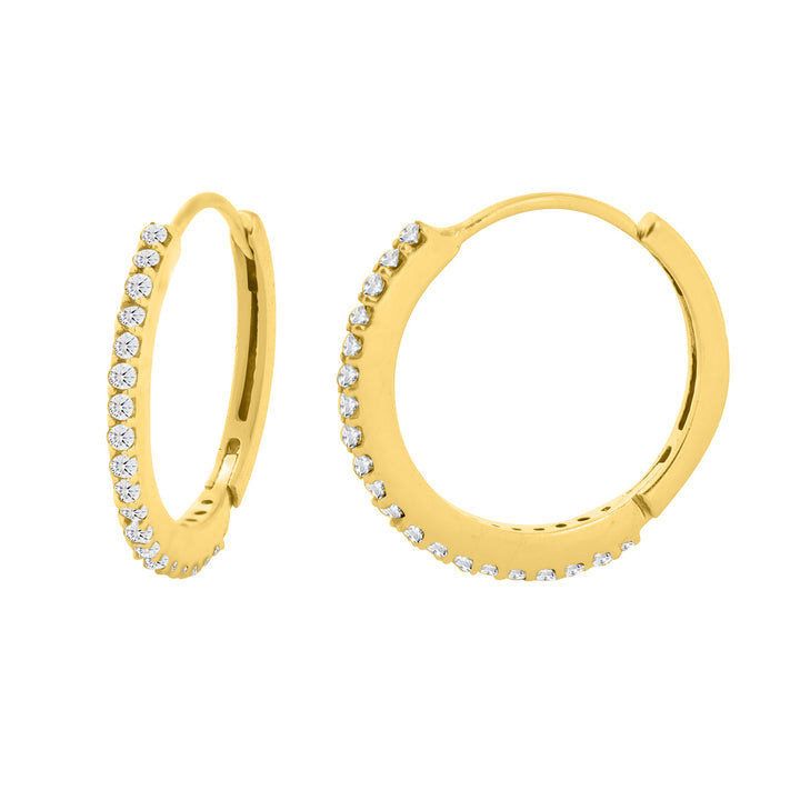 The Watermelon Tropical Aoife Gold Hoops with Cubic Zirconia in various colours feature a pair of gold-plated brass hoop earrings embellished with small, evenly spaced cubic zirconia along the outer edge. The 15mm diameter earrings are arranged to display both front and side views, showcasing their shimmering design.