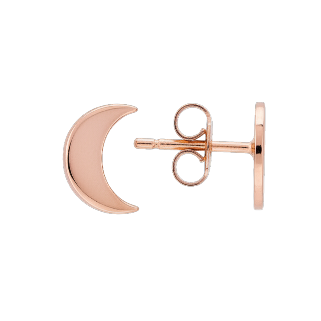 The 9ct Gold Moon & Moon Rose Gold Stud Earrings by Cosmic Boulevard feature a crescent moon design and a classic post with butterfly backing—perfect for celestial jewelry lovers.