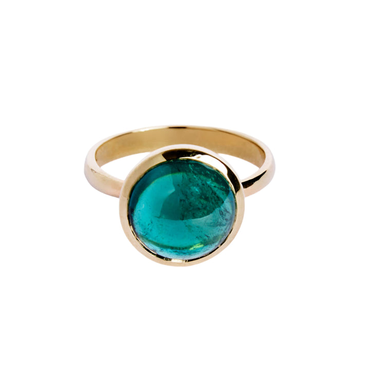  9ct yellow gold ring with a round dark green tourmaline cabochon in a bezel setting. The 9ct yellow gold band is D shaped widest at the back at 3mm wide.