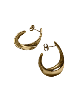 The A Moment Large Earrings by Inner Island are gold, crescent-shaped hoops with post and butterfly backs, shown elegantly on a white background.