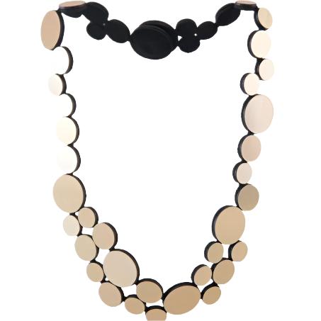 The Abstraction Fizz Gold Necklace by Iskin Sisters features a bold and contemporary design with round, shiny, flat discs in various sizes, ranging from small to large. These discs are connected and arranged in two contiguous rows to create a layered effect, complete with a sleek black backing that reflects the brand's signature style.