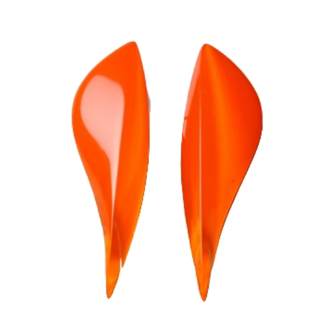 A digital document showcases MX.design's Acrylic Fluorescent Orange Stud Drop Earrings, featuring elongated, curved leaf shapes in pink, fluorescent orange, white, and beige on a wooden background with design variations inset.