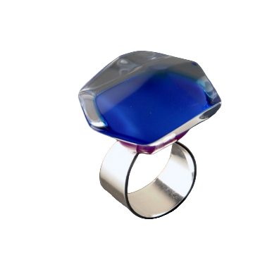 Dark blue  acrylic statement ring on an adjustable silver band