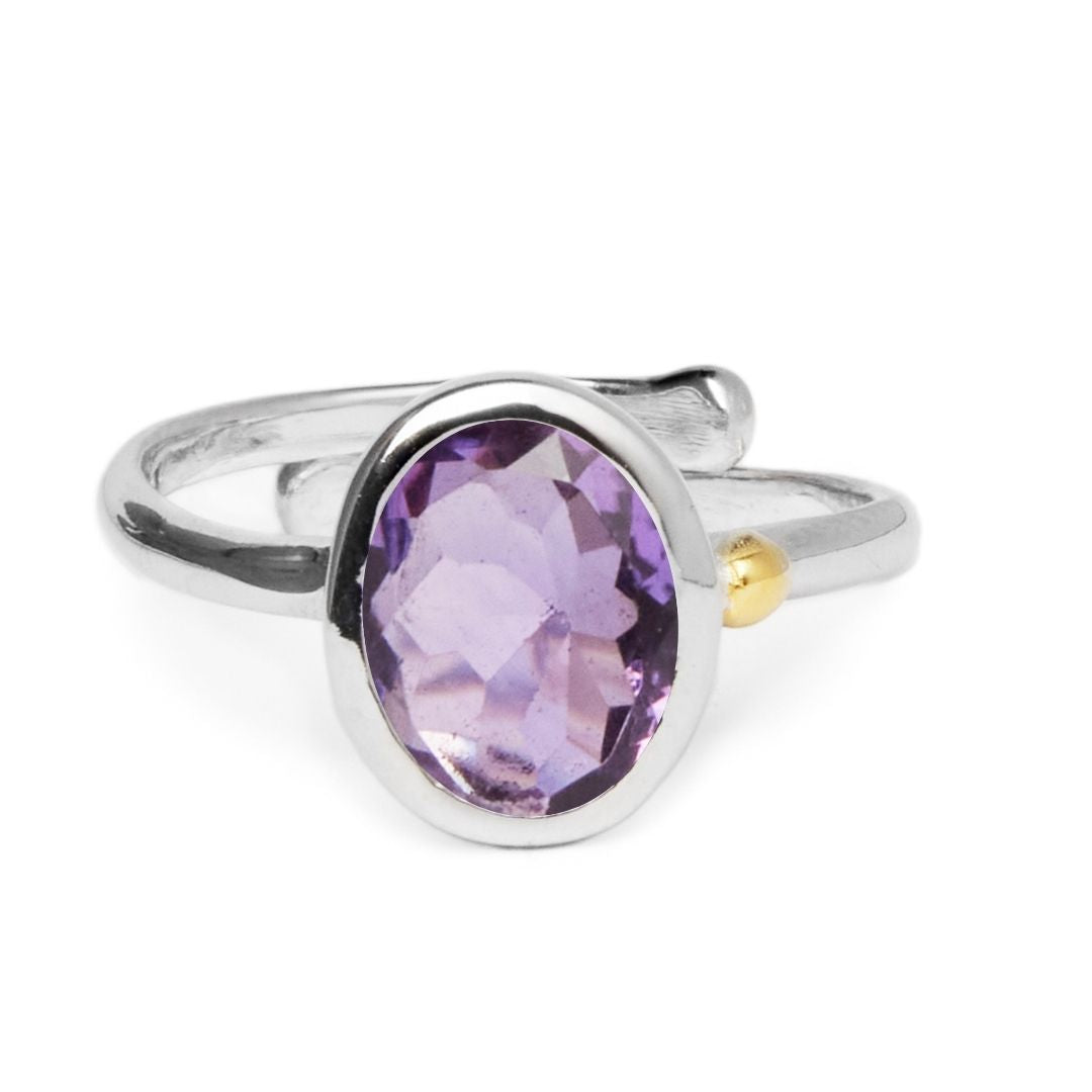 The Adjustable Dream Ring by Gallardo & Blaine Designs features an oval-cut purple gemstone on a smooth sterling silver band, accented with gold. A slightly irregular shape lends a unique touch to its minimalist design.