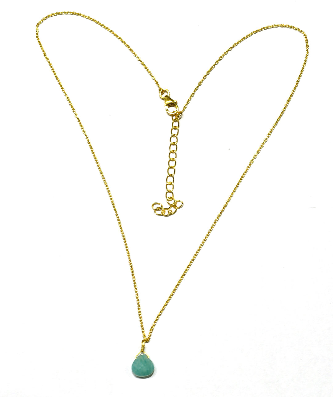 The Watermelon tropical Amazonite Drop Stone Gold Necklace features a delicate gold vermeil chain with an adjustable clasp and a teardrop-shaped amazonite pendant, shown on a white background—a gorgeous handmade piece.