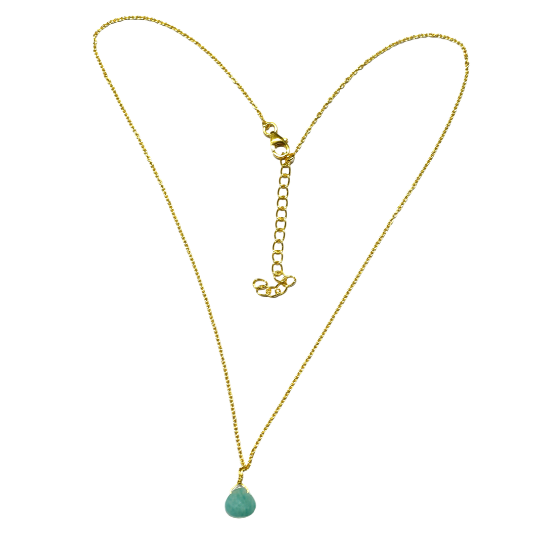 The Watermelon tropical Amazonite Drop Stone Gold Necklace features a gold plated sterling silver chain with adjustable clasp and a central teardrop-shaped genuine amazonite pendant, arranged in a loose heart shape.