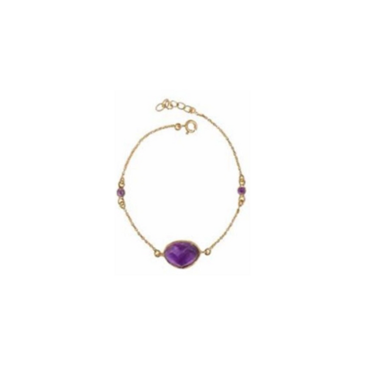 Simple gold plated chain bracelet with oval shaped purple amethyst stone.