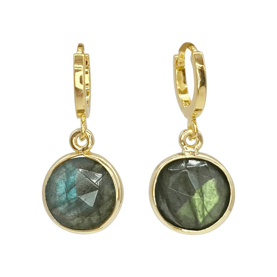 Aurora Earrings by Aria V feature gold hoops with round, faceted labradorite gemstone dangles. Handcrafted, each stone has a subtle iridescent sheen and is set in a gold bezel for a modern, elegant style.