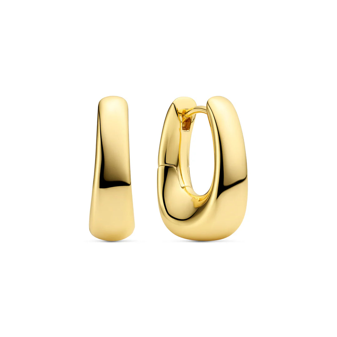 Sif Jacobs Borsa Pianura Earrings feature a chunky, oval-shaped design crafted in 18k gold plated sterling silver with a smooth, polished finish, displayed from side and front angles on a white background.