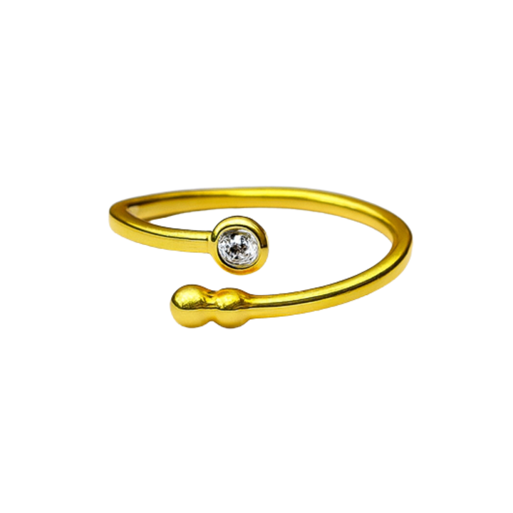 The Watermelon tropical Bauble & Stone Ring is a minimal open-ended piece with a small round diamond on one end and a smooth gold-plated sterling silver bead on the other, shown on a white background.