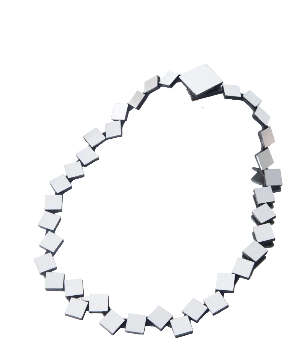 Iskin Sisters Bauhaus Round Squares Necklace - Silver featuring handmade linked silver square tiles arranged in a circle, reflecting a Bauhaus jewelry aesthetic.