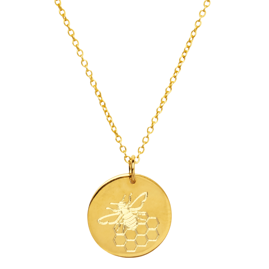 The Symbol Necklace in 9k Gold by Personalised Charms features a round pendant with a bee and honeycomb design on a delicate chain—an ideal personalized jewelry piece for nature lovers.