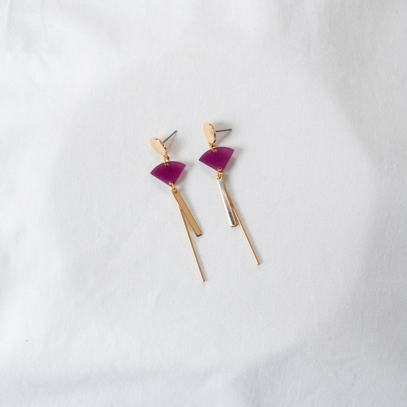 Berry Coloured Triangular acrylic earrings with gold